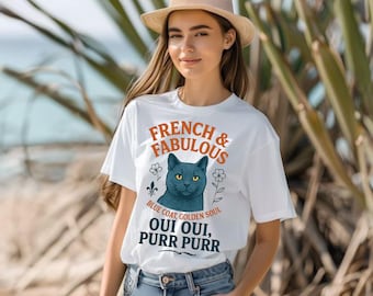 French & Fabulous Cat T-Shirt, Cute Cat Tee, Fun Gift for Cat Lovers, Animal Lover Tee, Unique Cat Apparel